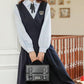 Corduroy Suede Midi Pinafore Dress & Blouse Set (Navy)