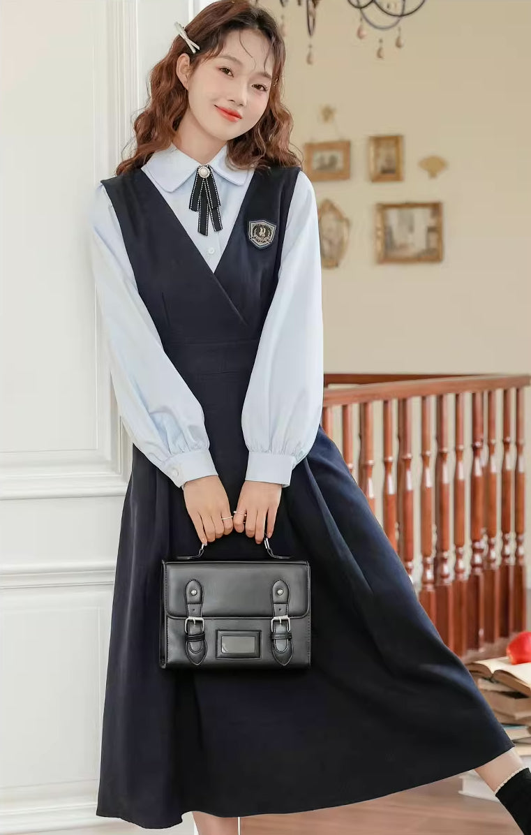 Corduroy Suede Midi Pinafore Dress & Blouse Set (Navy)