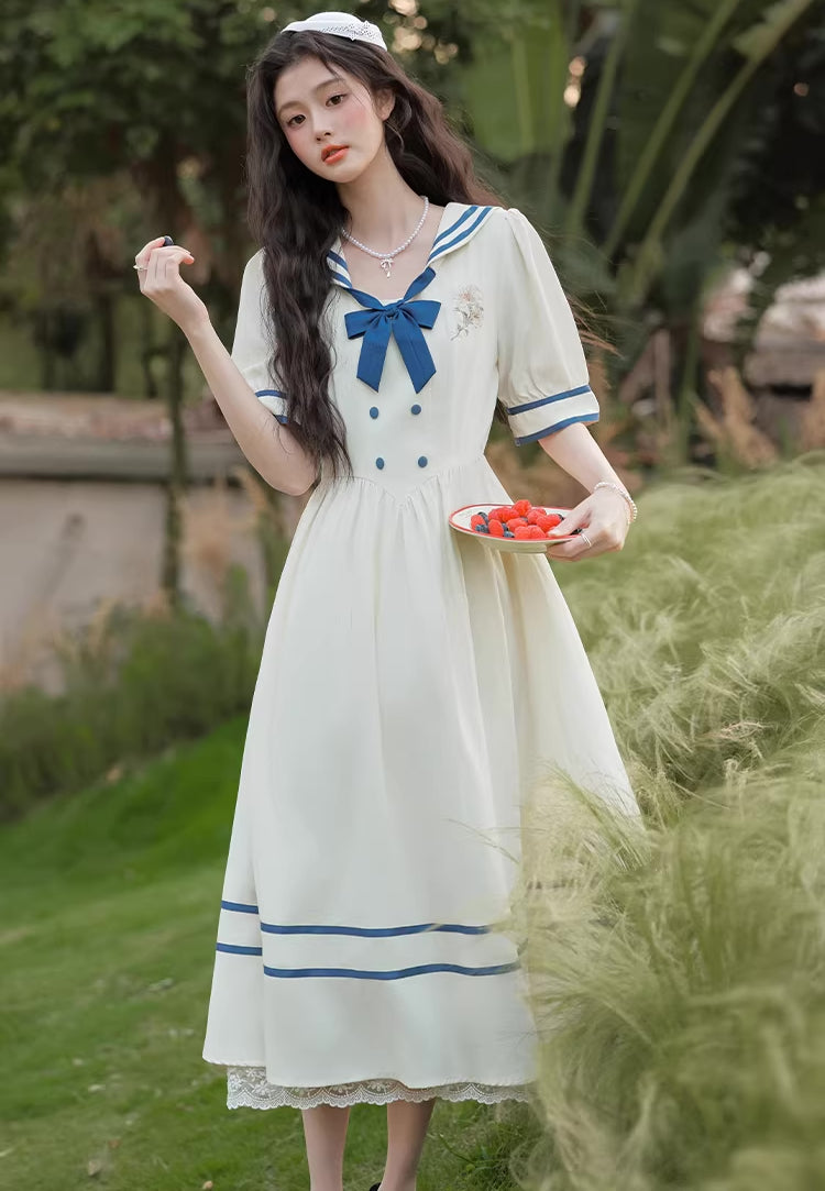 Sailor Girl Midi Dress (White/Blue)