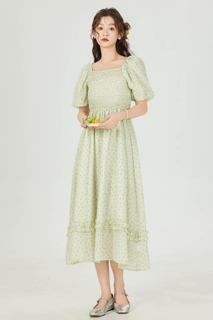 Minty Floral Puff Sleeve Midi Dress (Green)