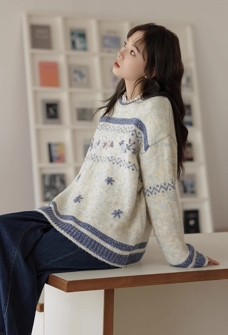 Embroidered Floral Fair Isle Sweater (Off-White)