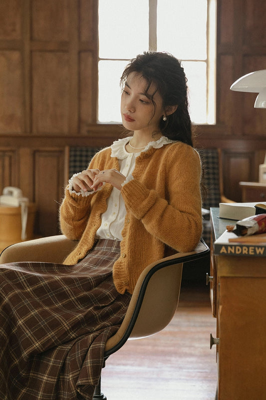 Round Neck Knitted Cardigan (Pumpkin Mustard)