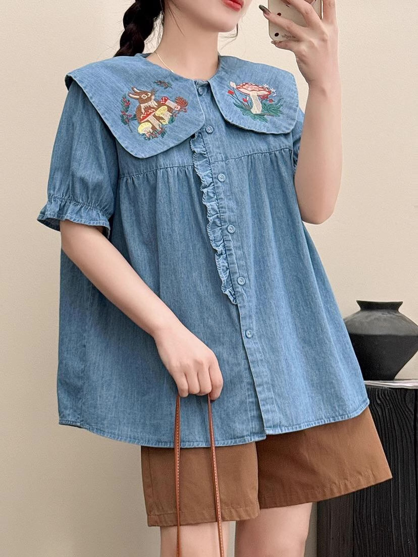 Mushroom Bunny Denim Blouse (2 Colors)