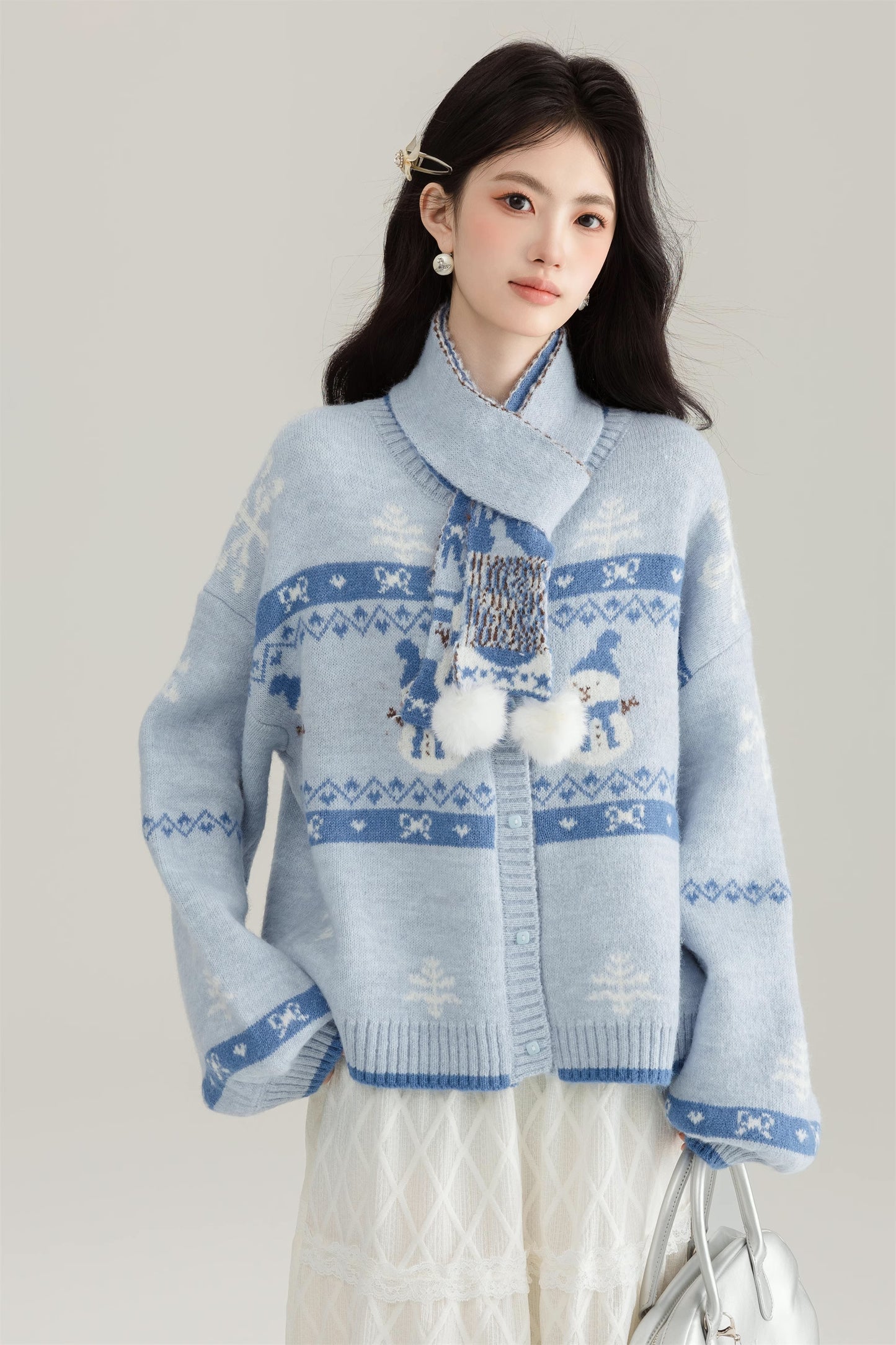 Snowy Snowman Fair Isle Cardigan (Blue)