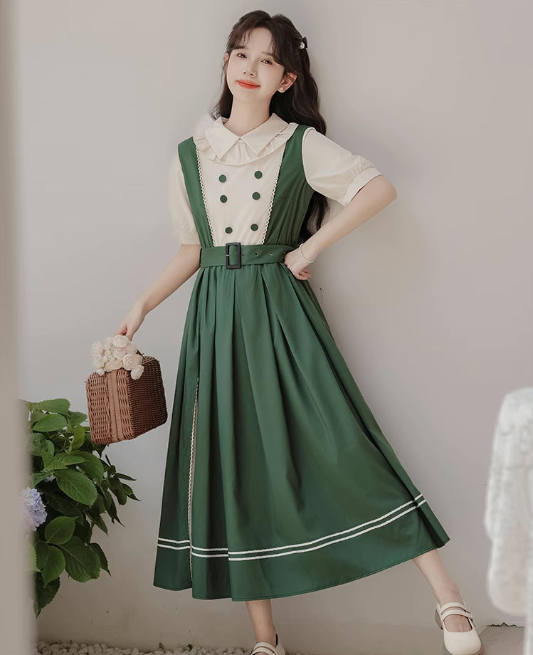 Lolita Short Sleeve Faux Layered Midi Dress (Green)