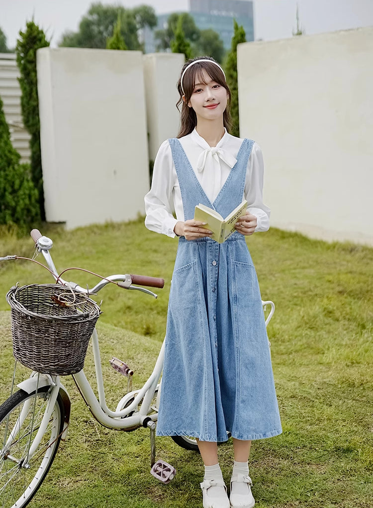 Button Denim Midi Pinafore Dress (Light Blue)