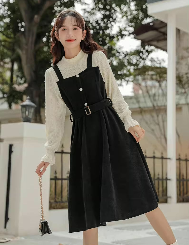 Corduroy Knit Belted Twofer Midi Dress (2 Colors)