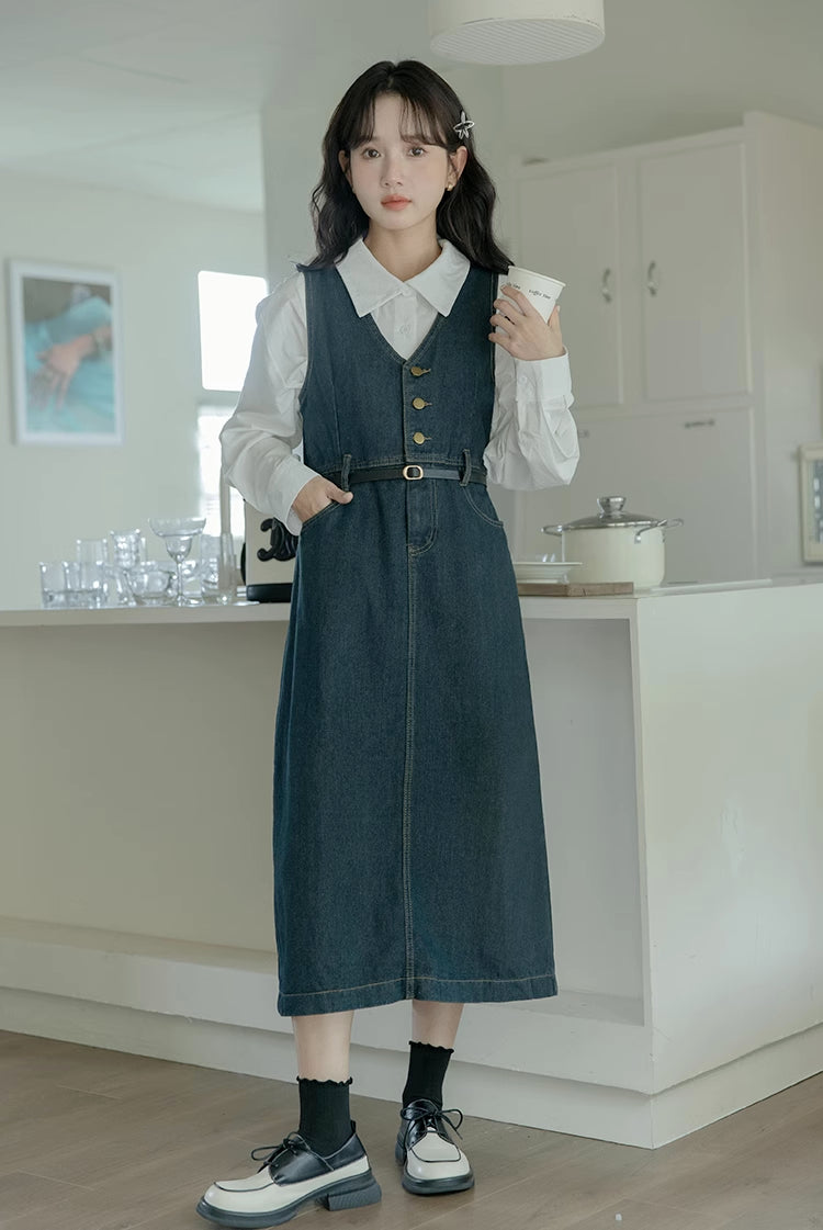 Denim Midi Pinafore (Dark Blue)