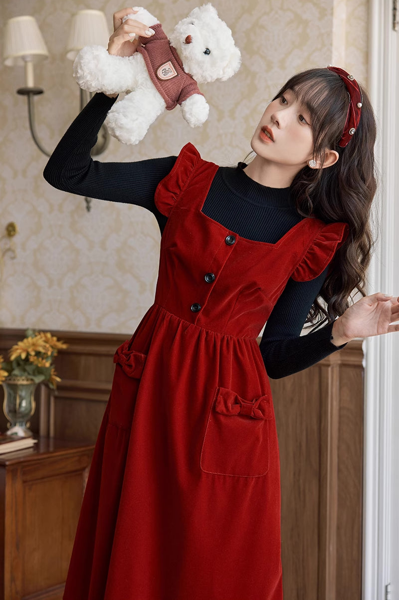 Velvet Frilly Bow Pinafore Dress (Red)