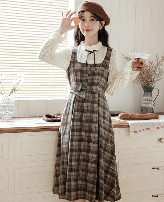 Mint Mocha Plaid Twofer Midi Dress (Khaki)