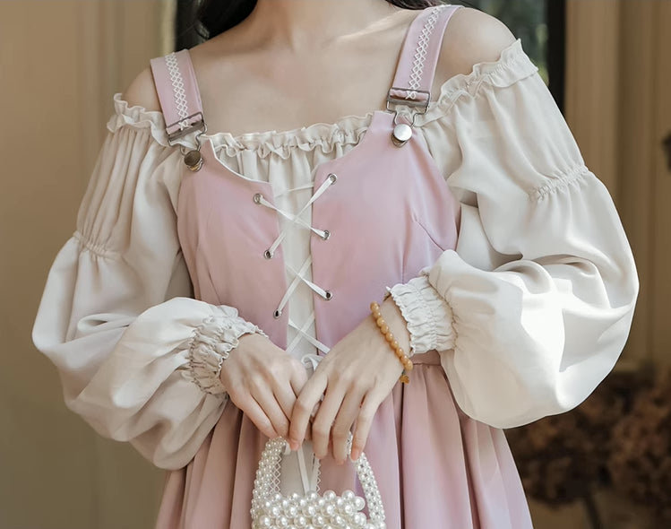 Two-Piece Corset Peasant Dress (Pink/Cream)