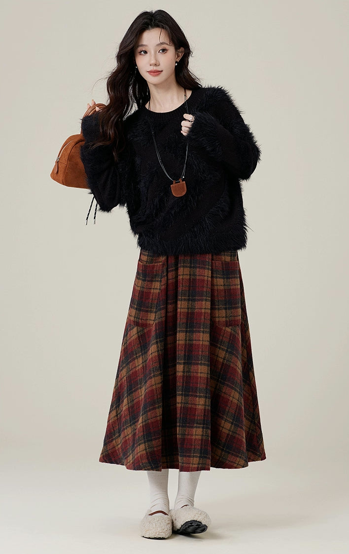 Bookshop Plaid Midi Skirt (Red/Khaki)