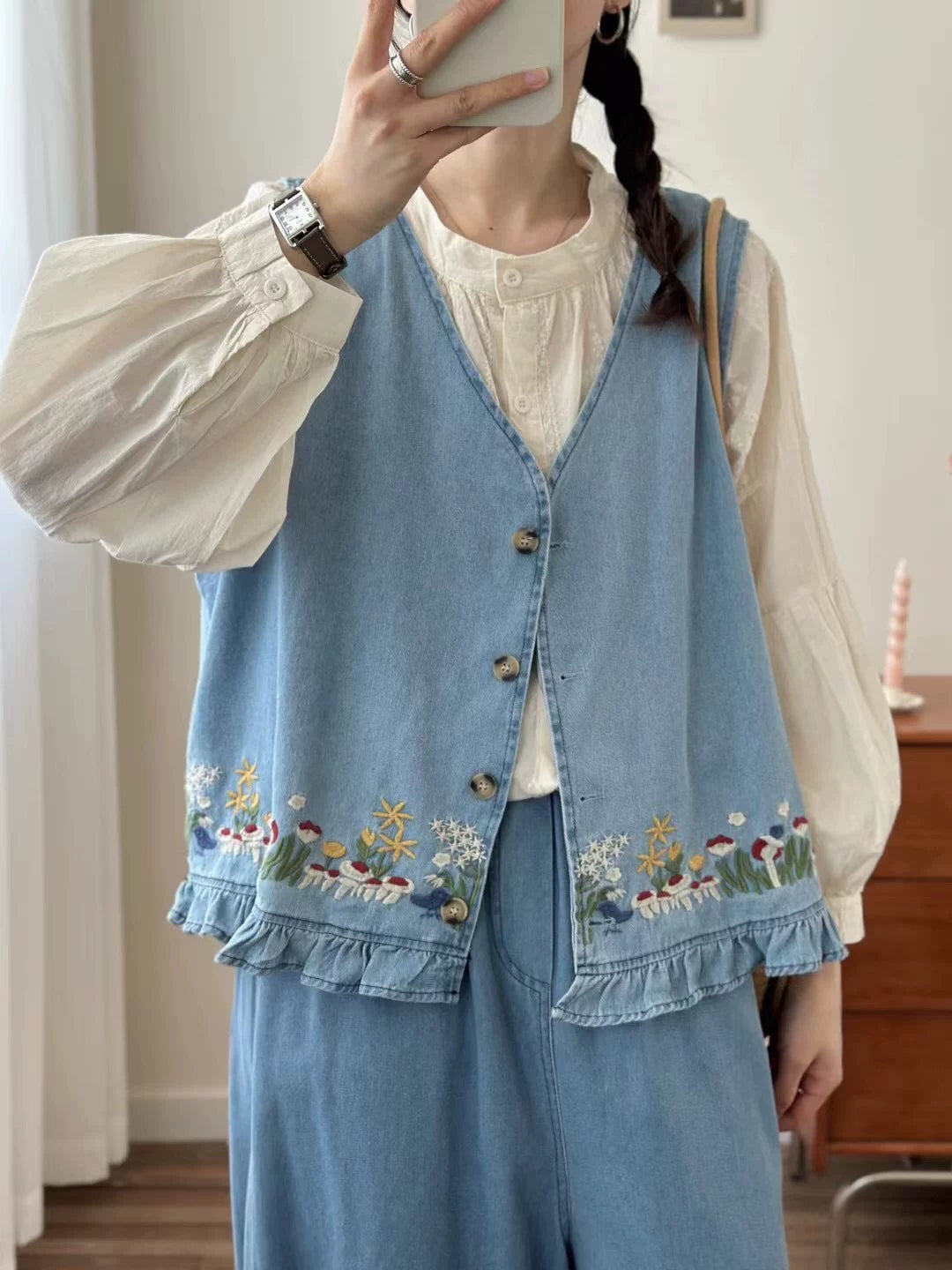 Forest Floor Embroidered Denim Vest (2 Colors)