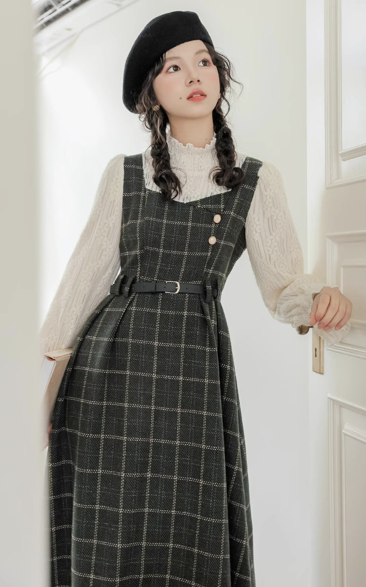 Plaid Pinafore Twofer Midi Dress (Green)