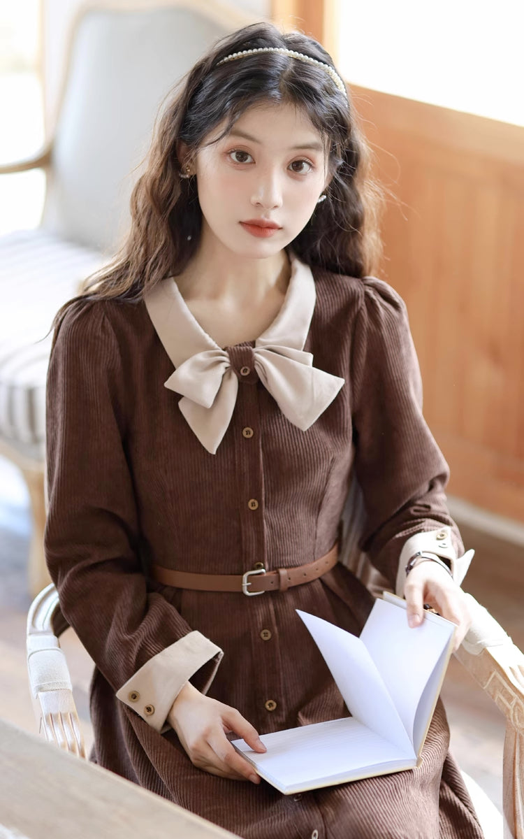 Bow Collar Corduroy Button Down Dress (Chocolate)