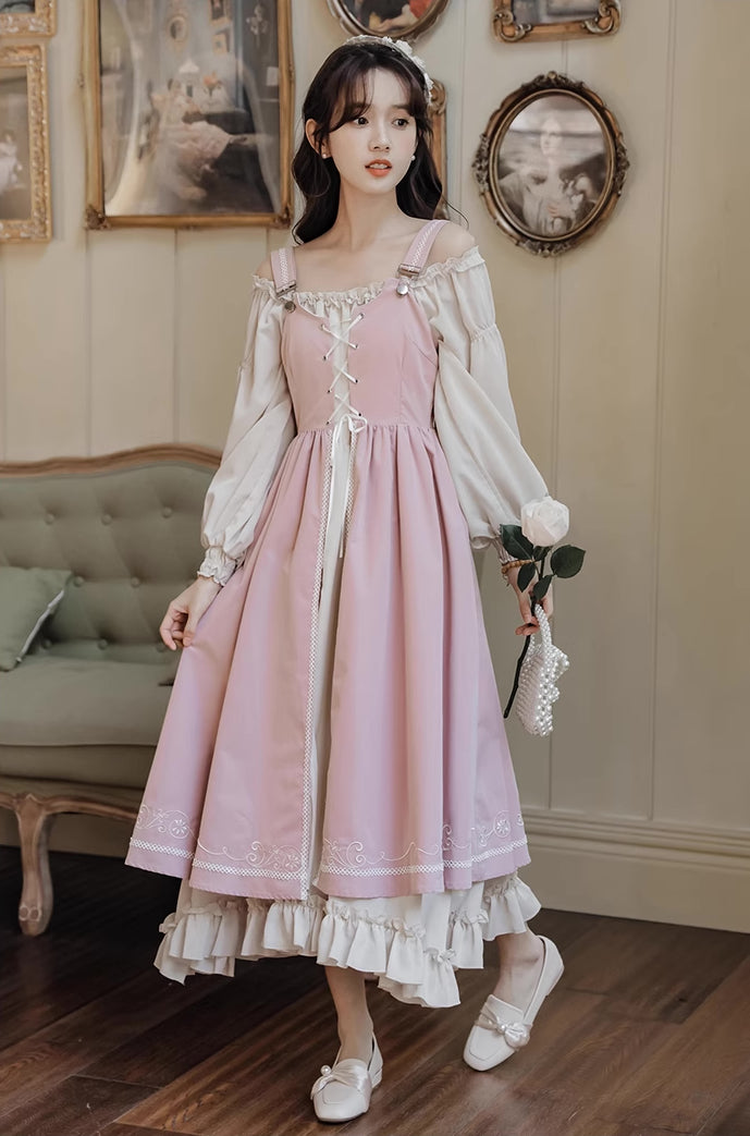 Two-Piece Corset Peasant Dress (Pink/Cream)