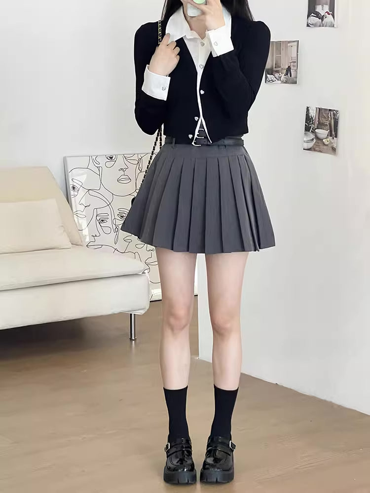 Double Belted Pleated Mini Skirt (5 Colors)