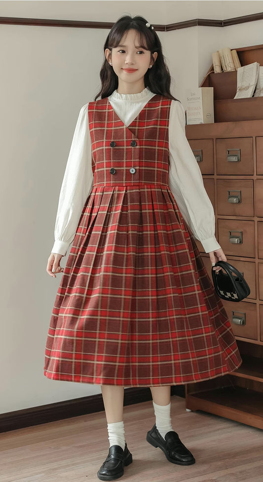 Biscuit Plaid Midi Dress (Red)