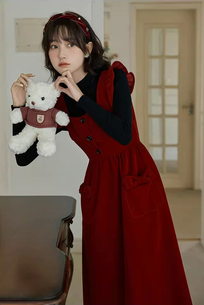 Velvet Frilly Bow Pinafore Dress (Red)