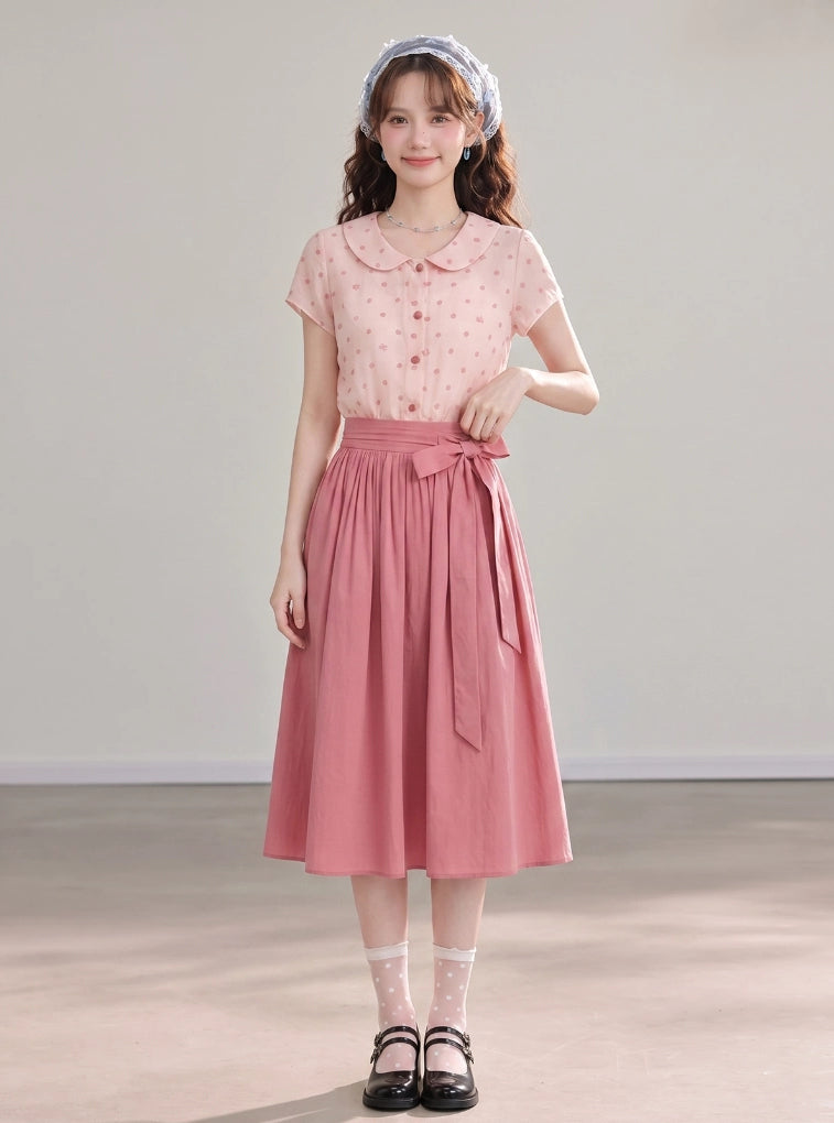 Polka Dot Bow Twofer Midi Dress (Pink)