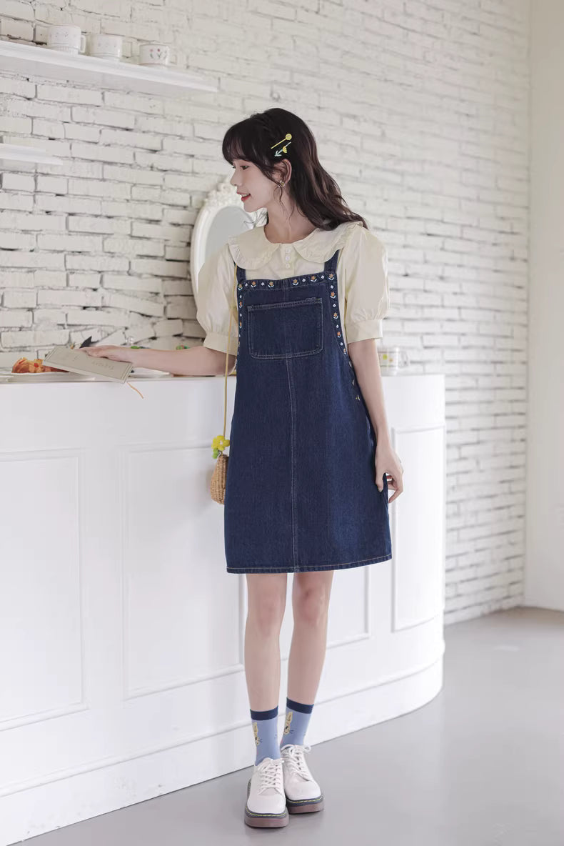 Flower Embroidered Mini Pinafore Dress (Dark Denim)