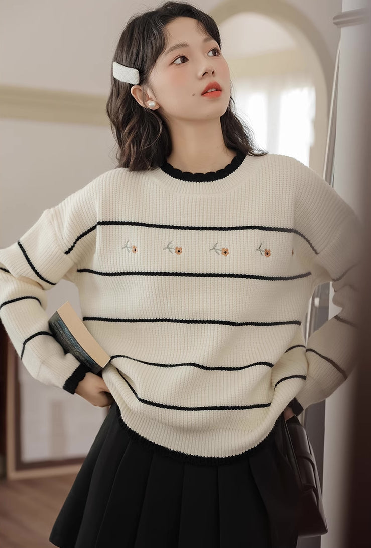 Emily Floral Stripe Sweater (White/Black)