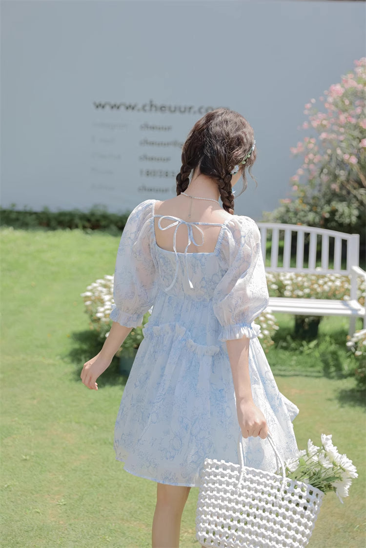 Porcelain Sketch Mini Babydoll Dress (White/Blue)