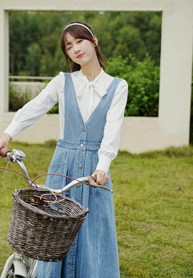 Button Denim Midi Pinafore Dress (Light Blue)