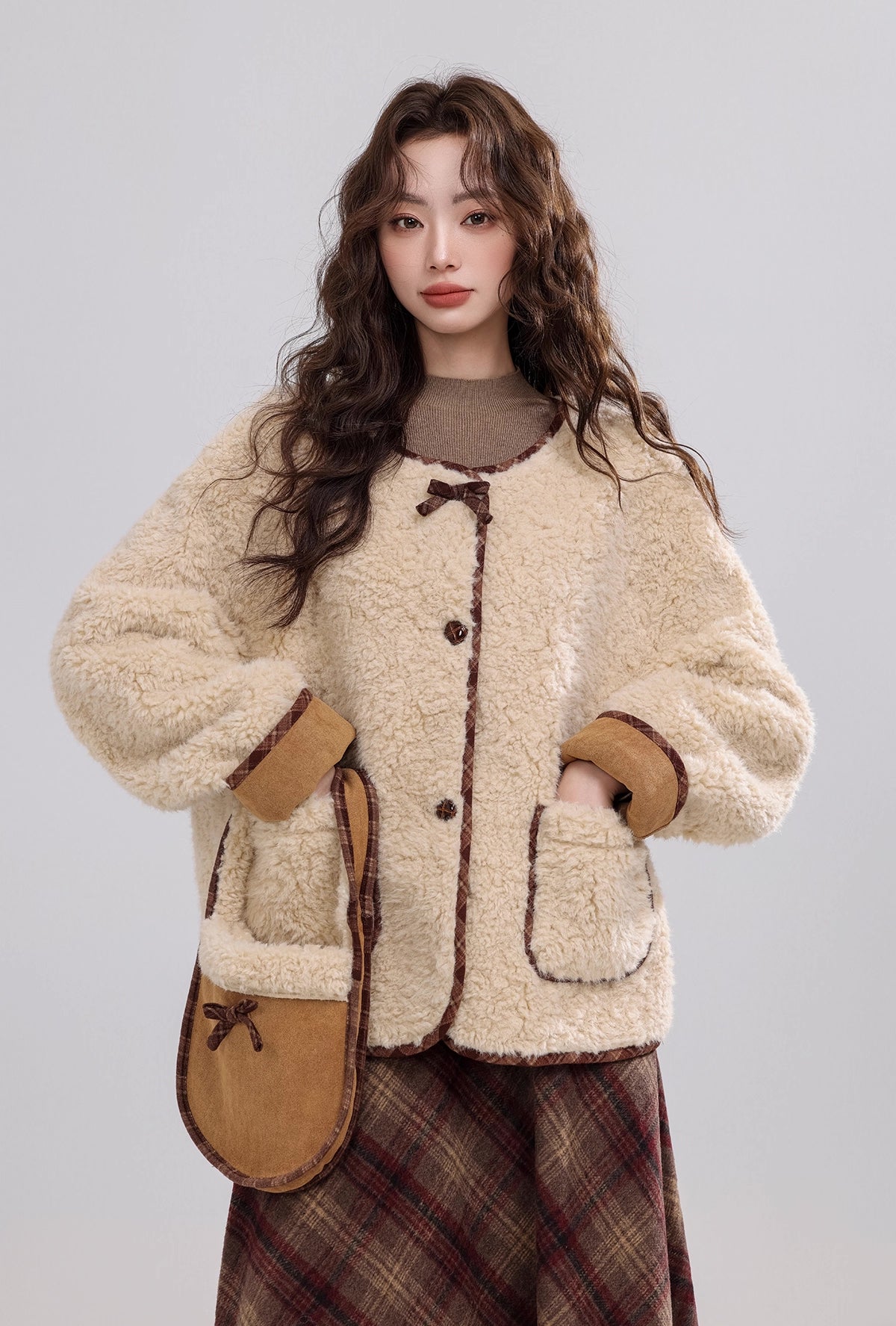 Round Neck Teddy Jacket (Khaki)