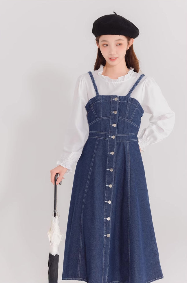 Button Down Denim Cami Midi Dress (Dark Blue)