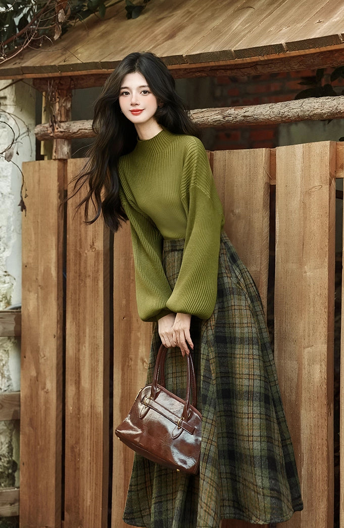 Willow Plaid Sweater & Skirt Set (Green)