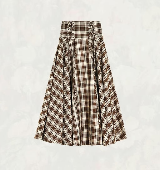 Choco Plaid Midi Skirt (Brown)