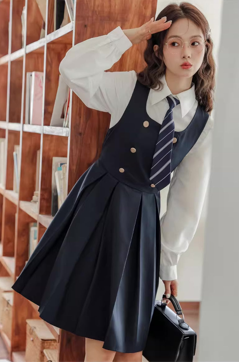 Double Breasted Mini Pinafore Set (Navy)