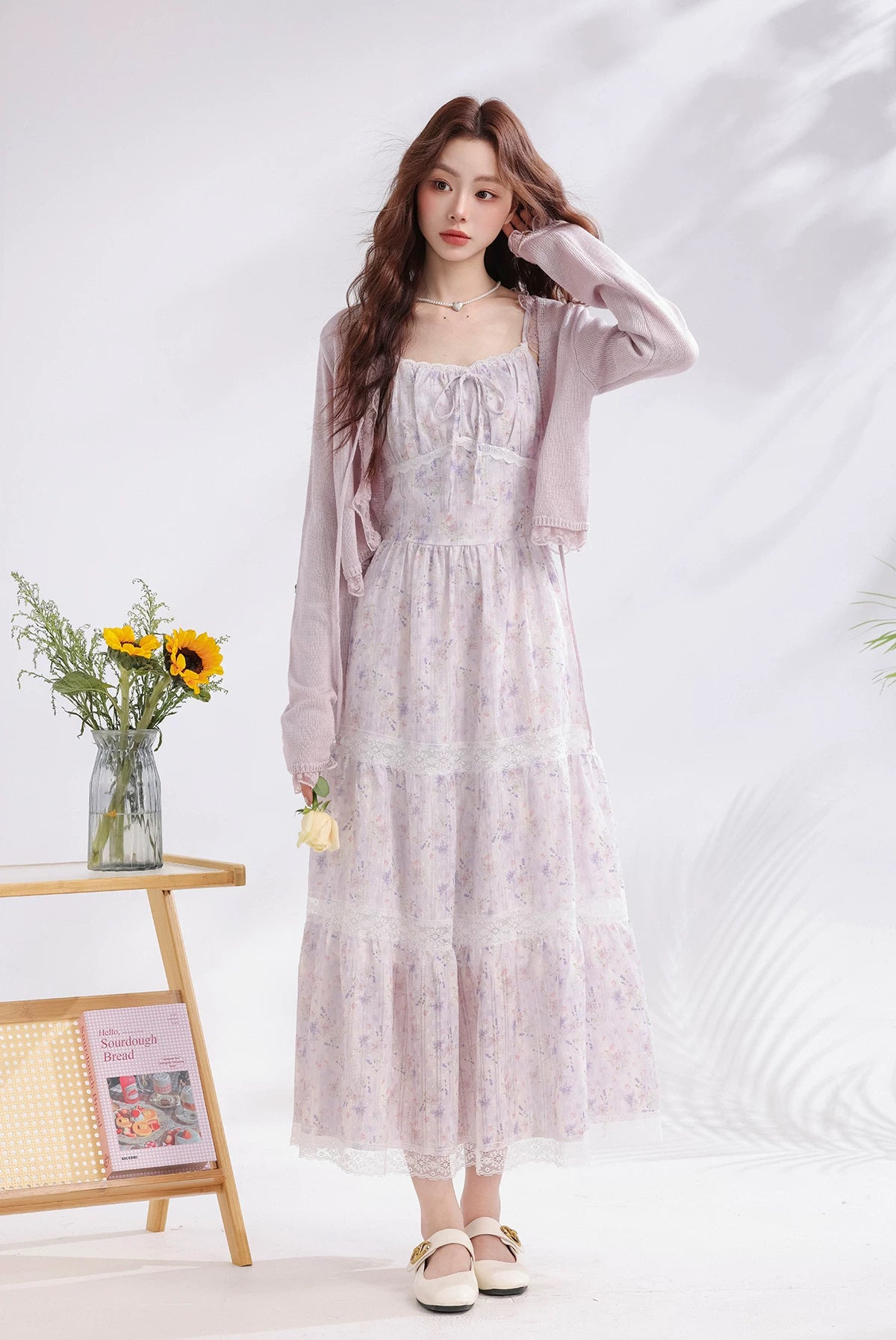 Iris Floral Lace Midi Cami Dress & Cardigan (Purple)