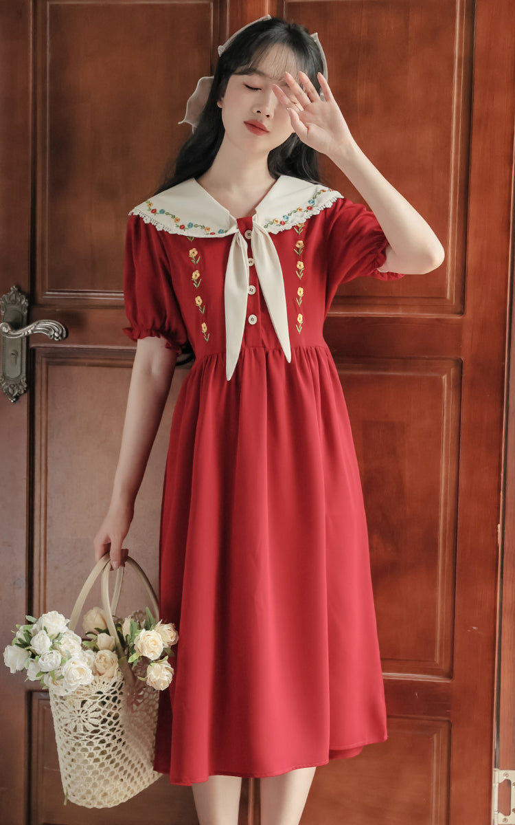 Floral Embroidered Sailor Midi Dress (Red)