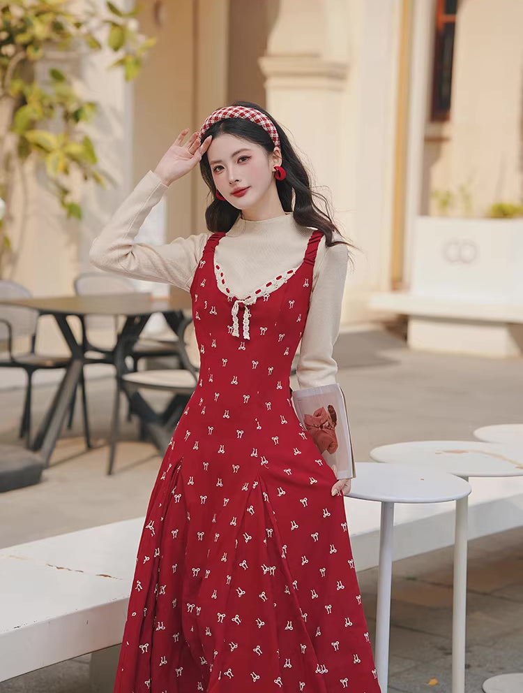 Lucky Bows Midi Dress (Red)