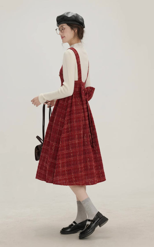 Sweet Apple Pie Plaid Pinafore Dress (Red)