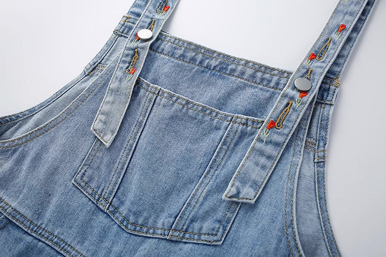 Rosy Days Embroidered Short Overalls (Light Denim)