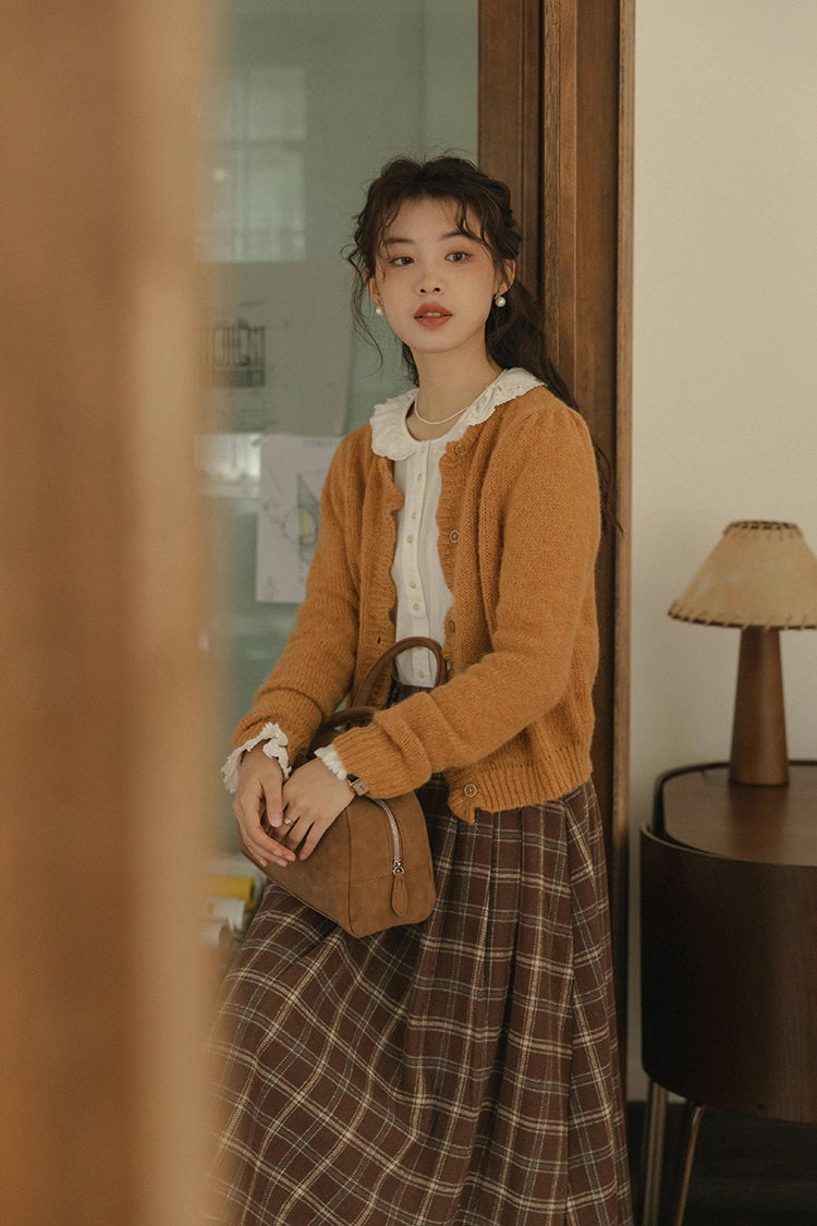 Round Neck Knitted Cardigan (Pumpkin Mustard)