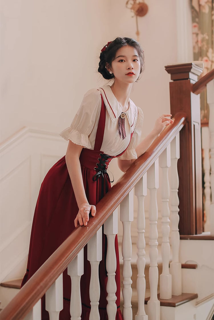 Short Sleeve Lace Up Suspender Skirt Set (3 Colors)