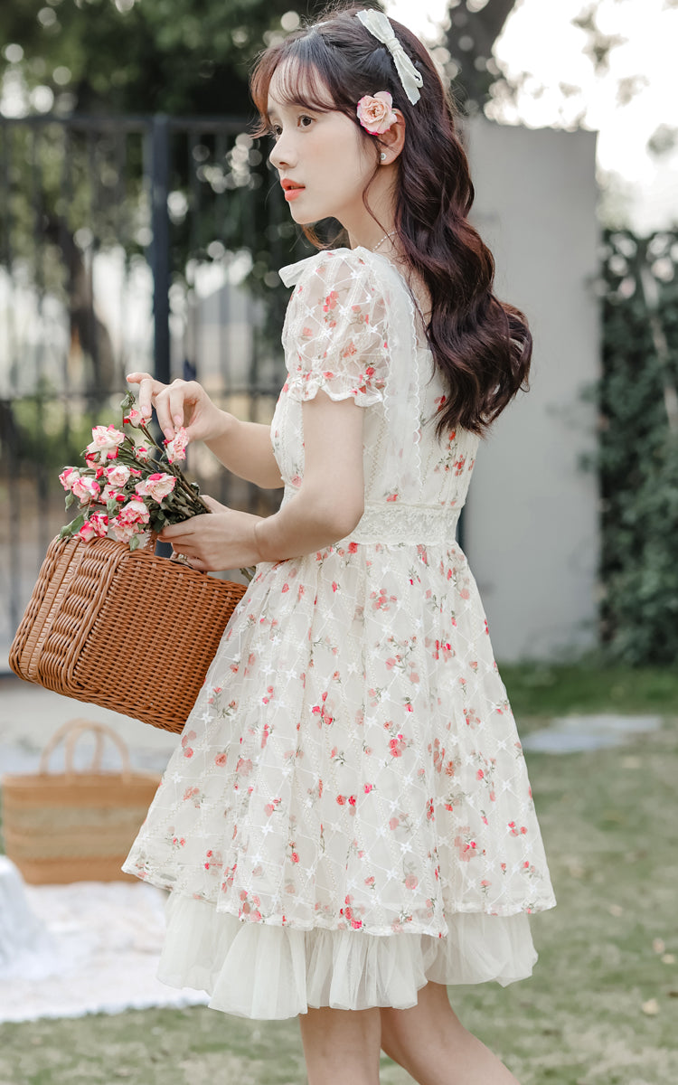 Dainty Rose Petticoat Mini Dress (White)