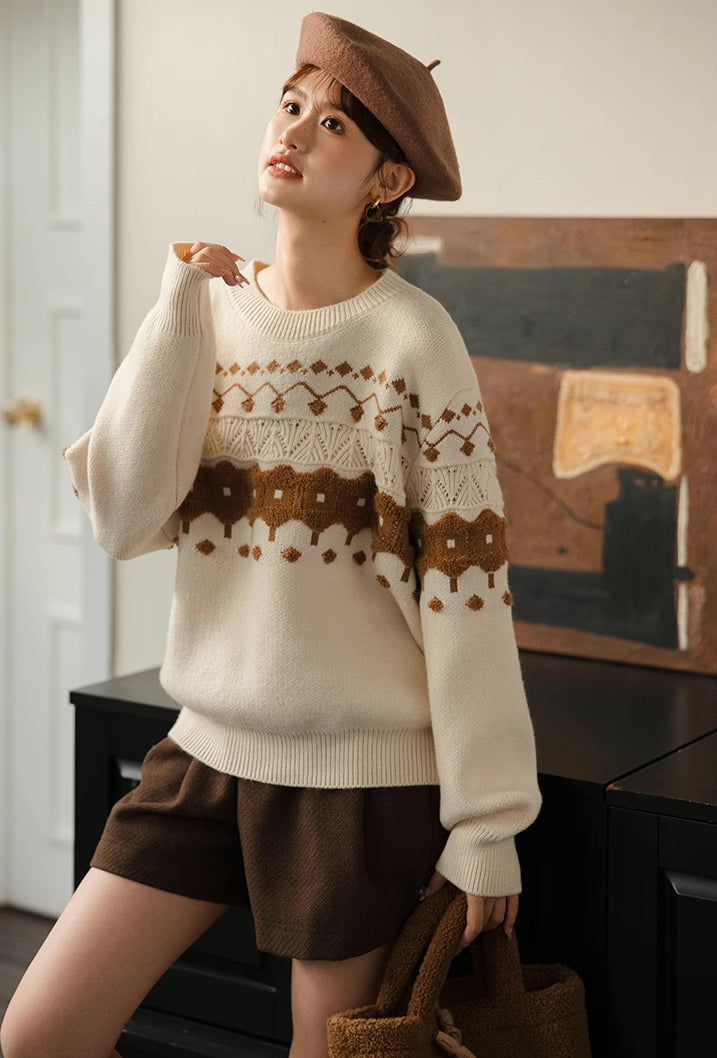 Megoosta Fashion Cinnamon Fair Isle Sweater Cream