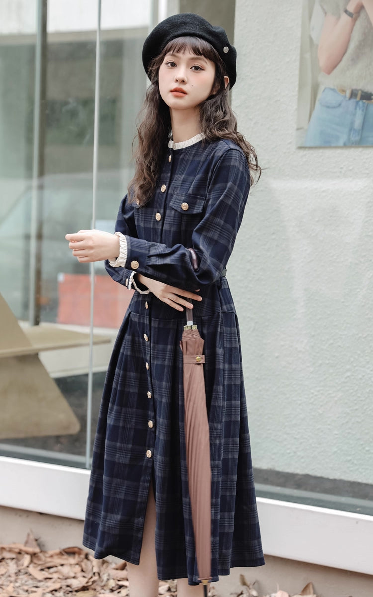 Academia Plaid Button Midi Dress (Navy)