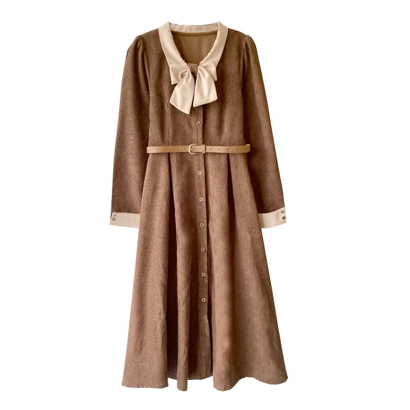 Bow Collar Corduroy Button Down Dress (Chocolate)