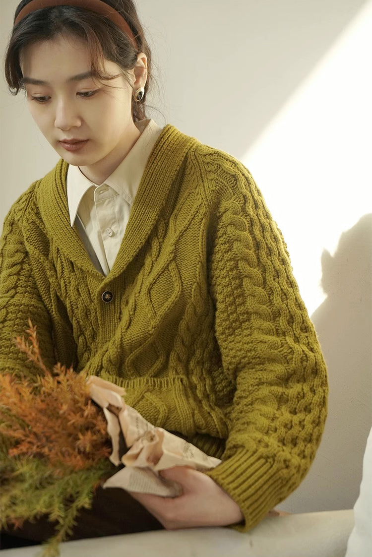 Shawl Collar Cable Knit Cardigan (Chartreuse)