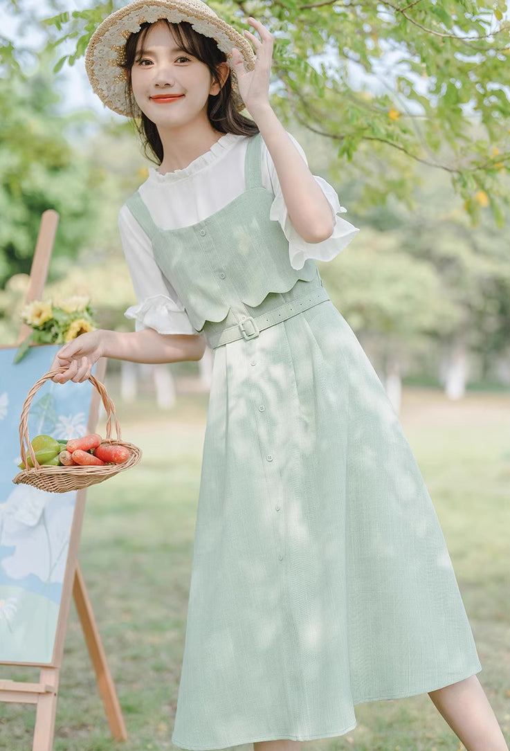 Button Stripe Midi Dress (Green)