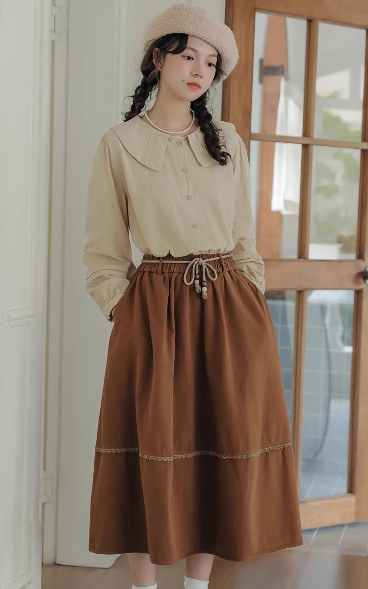 Drawstring Midi Skirt (Brown)