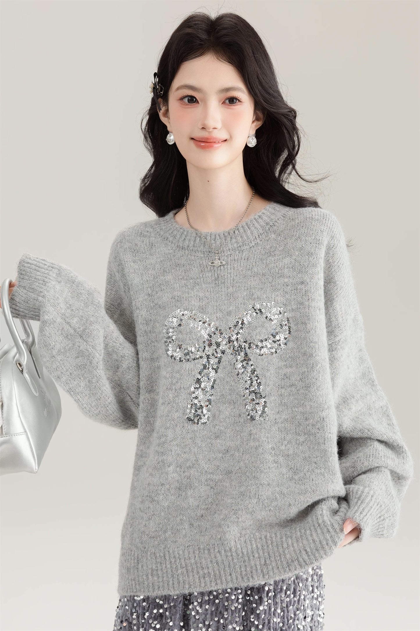 Sequin Bow Sweater (Grey)