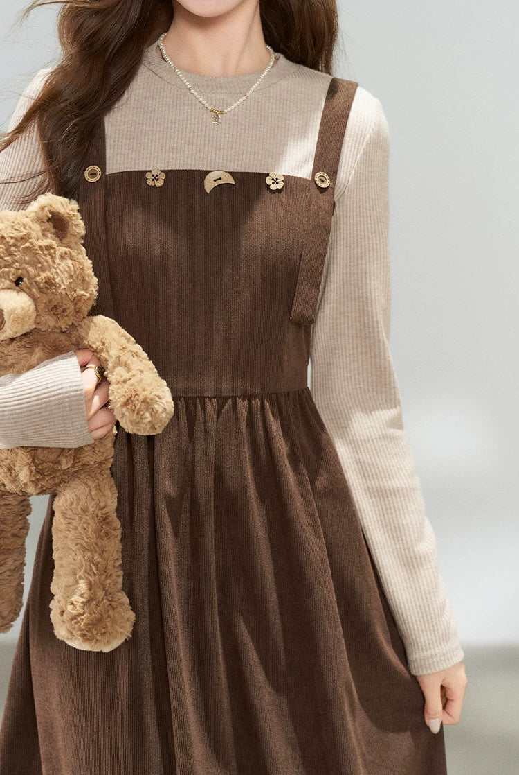 Playful Buttons Twofer Midi Dress (Brown)