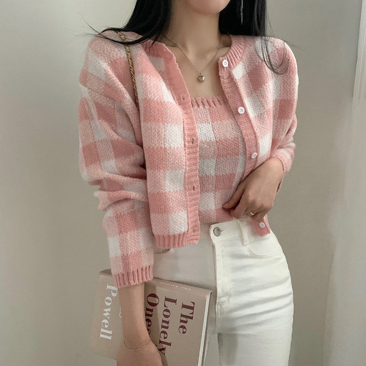 Gingham Cropped Cardi & Cami Set (5 Colors)